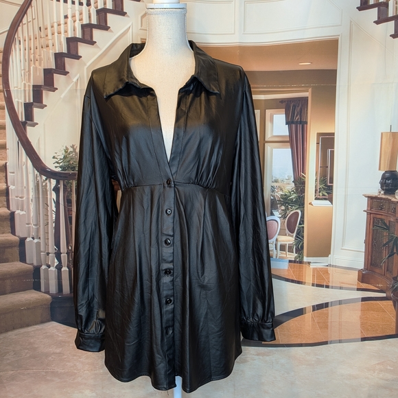 Black Faux Leather Sleek Long Sleeve Low-Cut Mini Shirt Dress - Picture 5 of 7